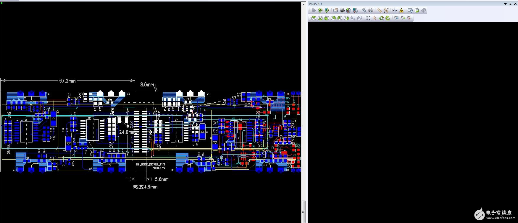 在PADS 3D界面的全黑区域框选，可以看到PCB编辑界面有对应器件被选中高亮了